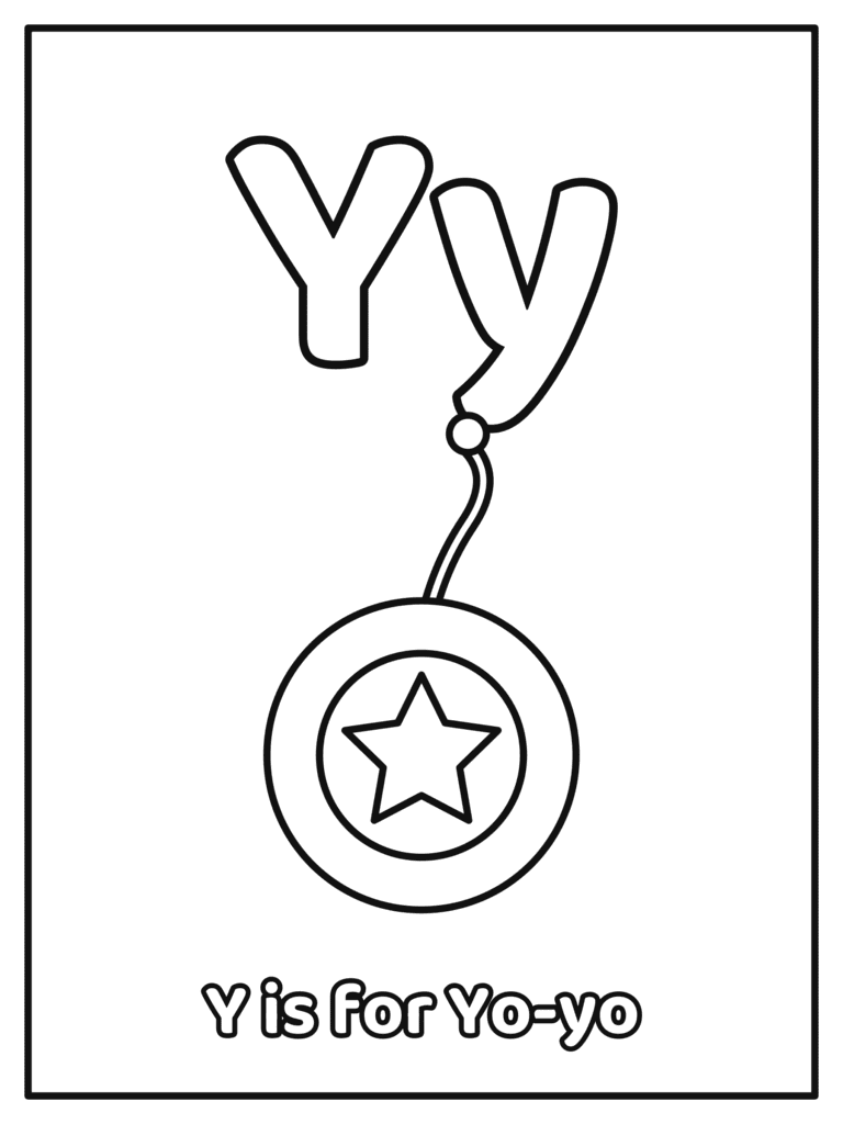 Letter Y coloring page with a big Yy and a big bubble letter Yy with a yo-yo with a star, because Y is for Yo-yo