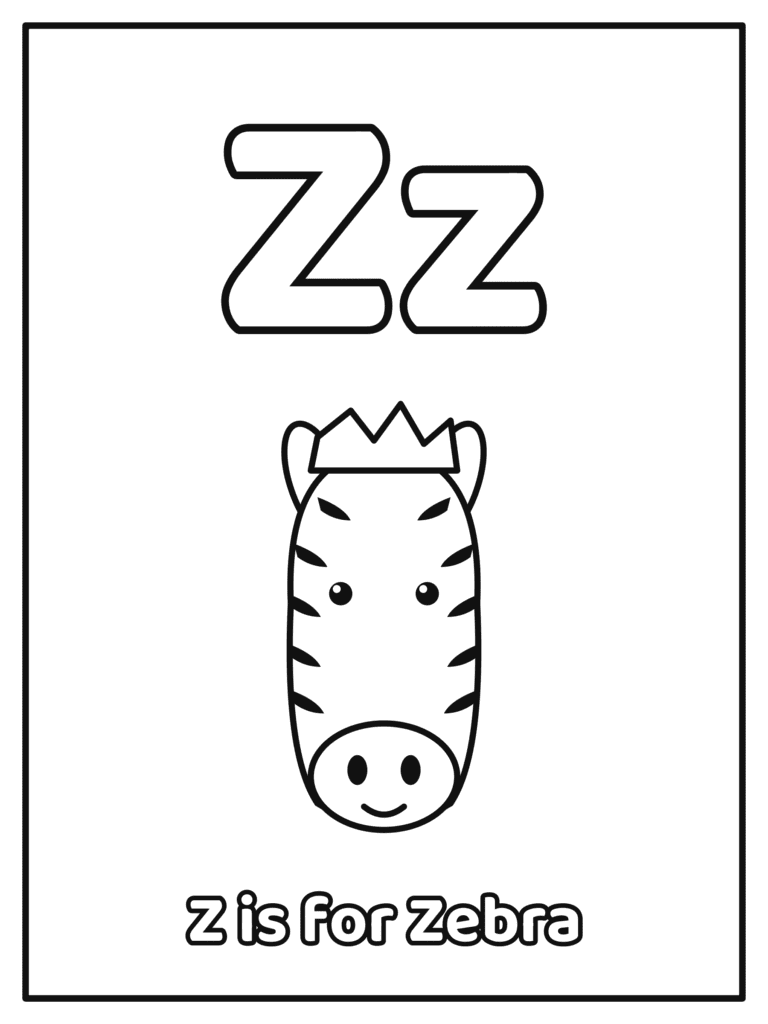 Letter Z coloring page with a big Zz and a big bubble letter Zz with a zebra, because Z is for Zebra
