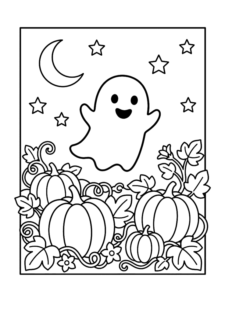 Little Ghost in the Pumpkin Patch coloring page for kids: a smiling little ghost floating over a pumpkin patch under the stars