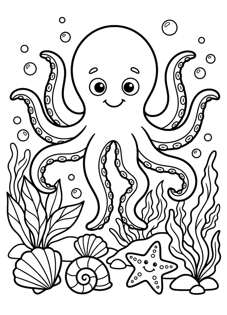 Little Octopus coloring page for kids: a cute octopus waving its arms on the sea floor