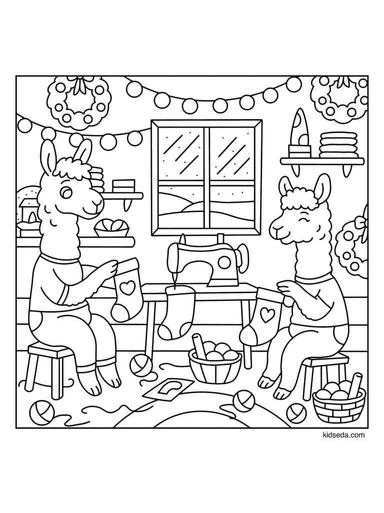 Llamas Sewing Stockings coloring page for kids: two llamas sewing stockings in a craft room