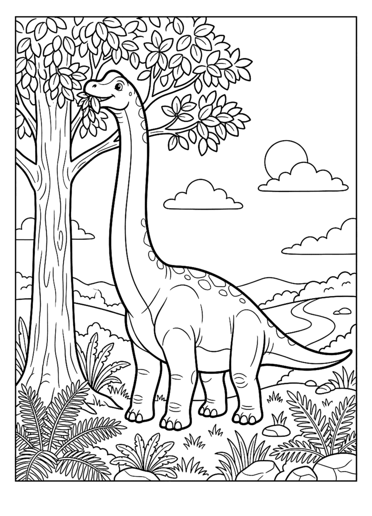 Long-Necked Dinosaur coloring page for kids: a gentle long-necked dinosaur reaching up to eat leaves from a tall tree
