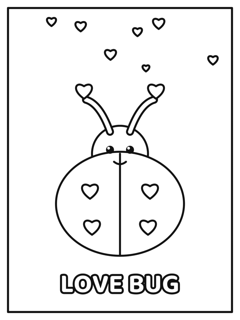 Love Bug coloring page for kids: a sweet ladybug with heart spots and heart antennae