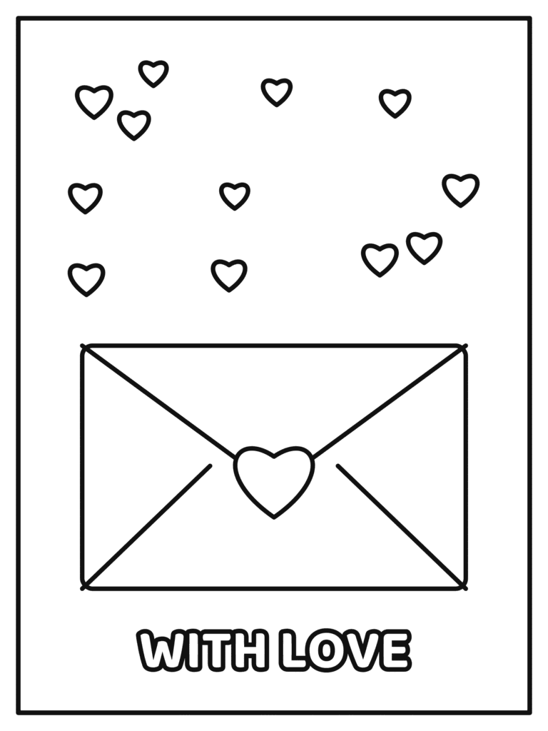 Love Letter coloring page for kids: an envelope sealed with a heart and little hearts flying out