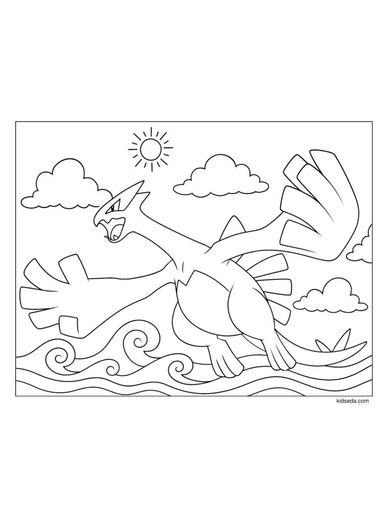 Lugia Flying Over the Sea coloring page for kids: the legendary Pokémon Lugia flying over the sea