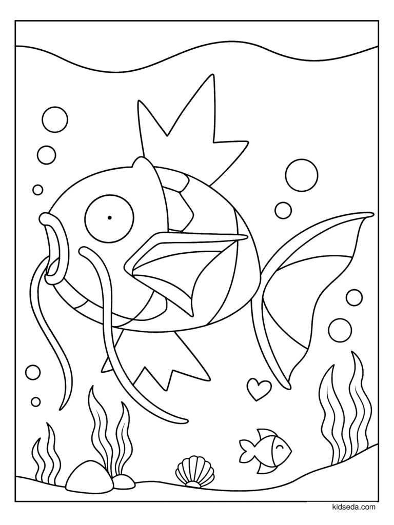 Magikarp Under the Sea coloring page for kids: Magikarp swimming under the sea with bubbles and seaweed