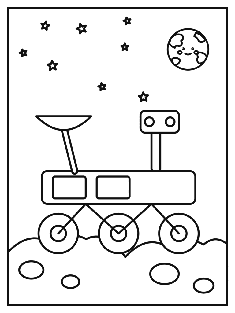 Mars Rover coloring page for kids: a robot rover exploring the rocky ground of Mars