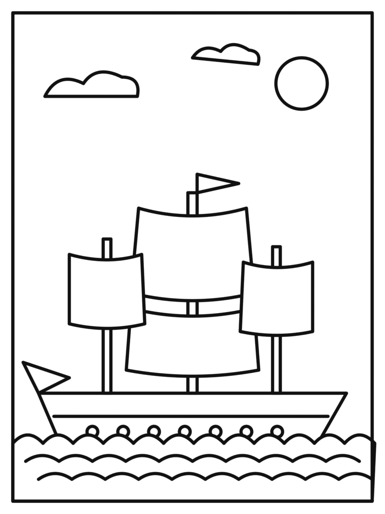 Mayflower Ship coloring page for kids: the Mayflower sailing across the waves with full sails