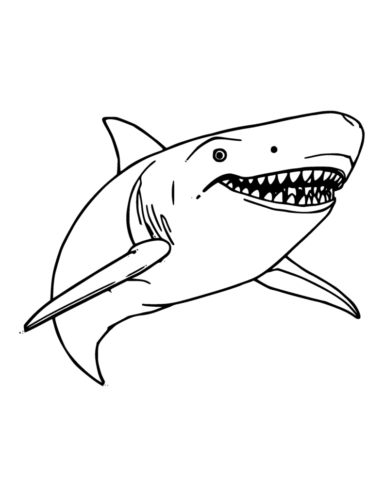 Megalodon coloring page for kids: a giant prehistoric megalodon shark with sharp teeth