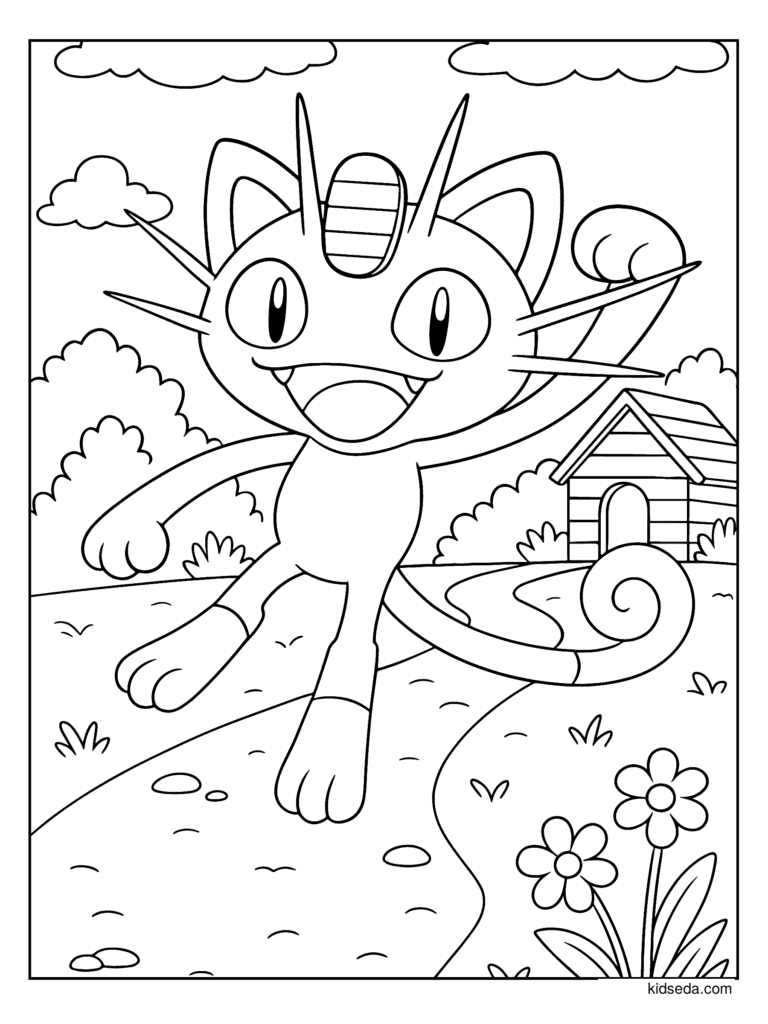 Meowth Out for a Walk coloring page for kids: Meowth walking down a sunny path with flowers and a little house