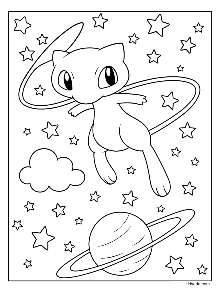 Mew in Space coloring page for kids: Mew flying through space with stars and a planet