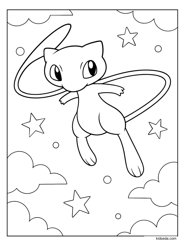 Mew in the Sky coloring page for kids: the mythical Pokémon Mew floating among clouds and stars