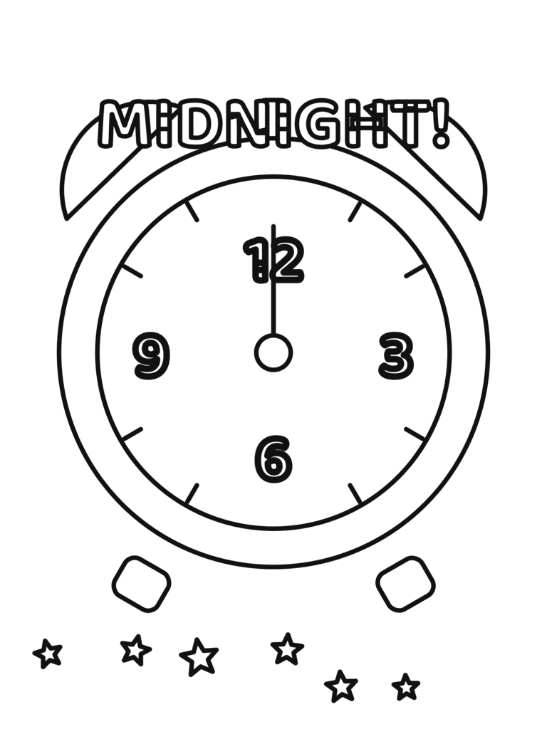 Midnight Countdown Clock coloring page for kids: an alarm clock with both hands pointing to midnight