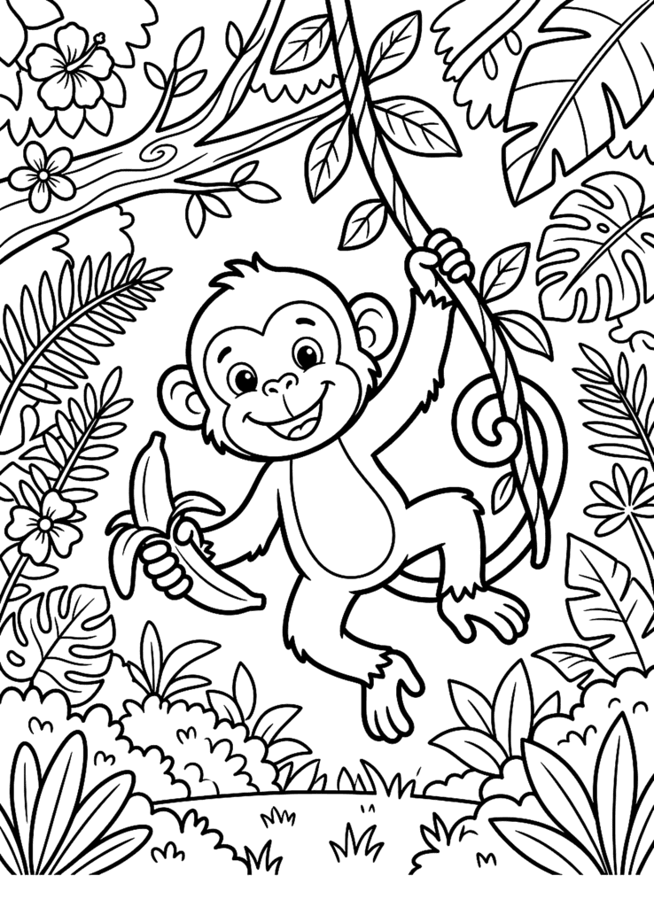 Monkey on a Vine coloring page for kids: a monkey swinging on a vine and eating a banana in the jungle