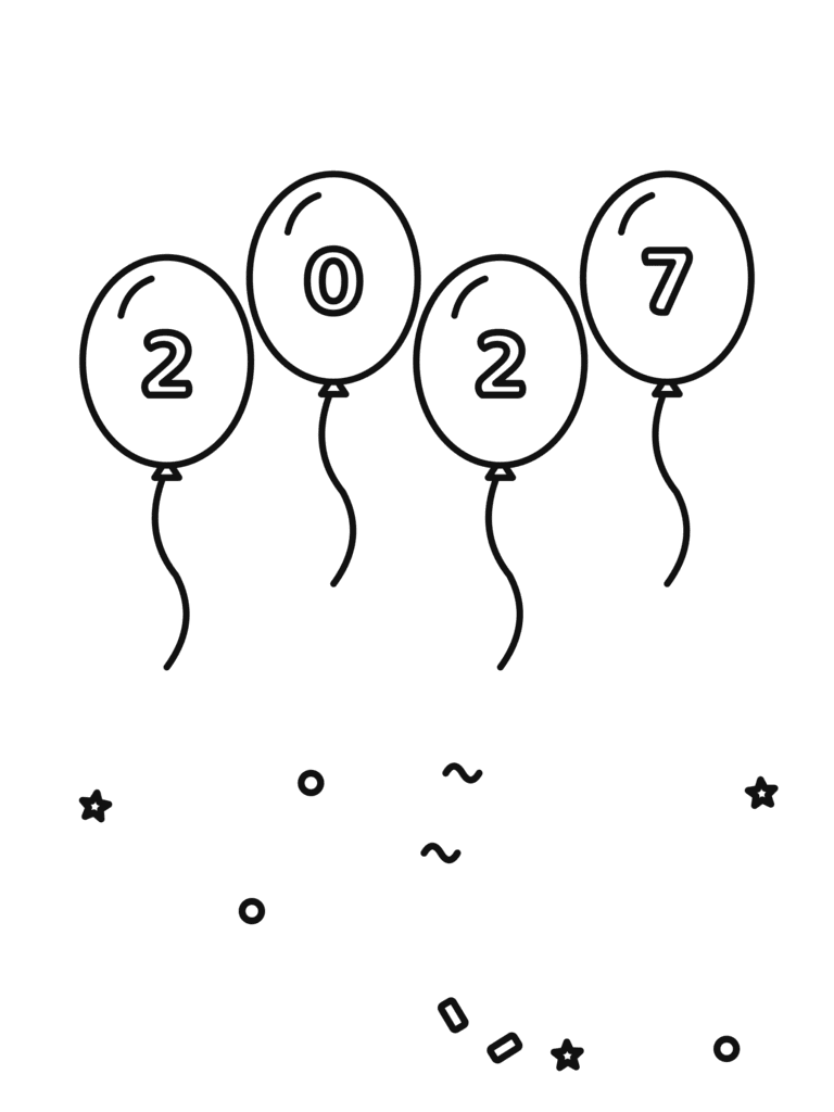 New Year Balloons coloring page for kids: four balloons that spell out 2027