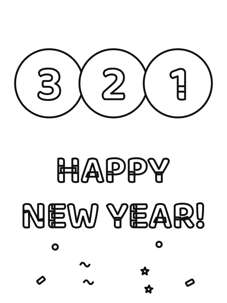 New Year Countdown coloring page for kids: a New Year countdown: 3, 2, 1 and Happy New Year