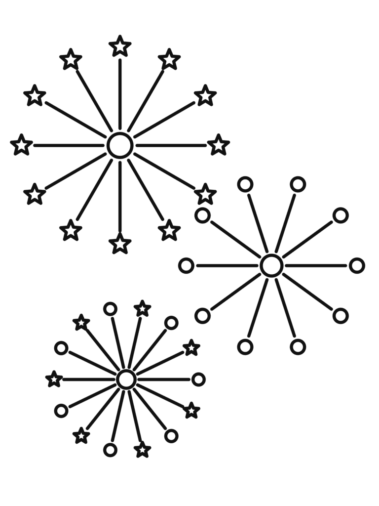 New Year Fireworks coloring page for kids: big fireworks bursting in the sky