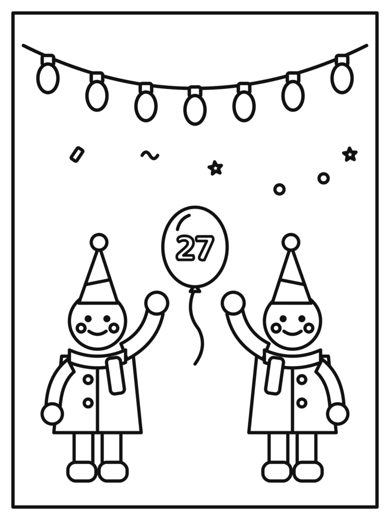 New Year Kids Party coloring page for kids: kids in party hats celebrating New Year with balloons