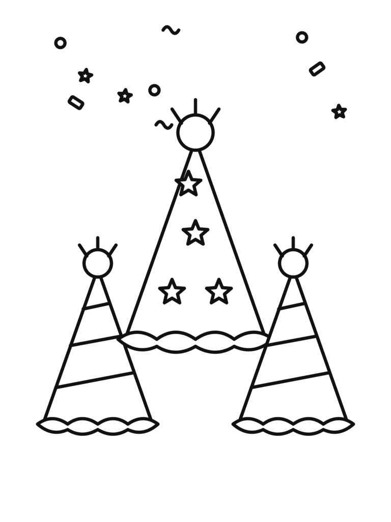 New Year Party Hats coloring page for kids: three party hats with stripes, stars and pom-poms