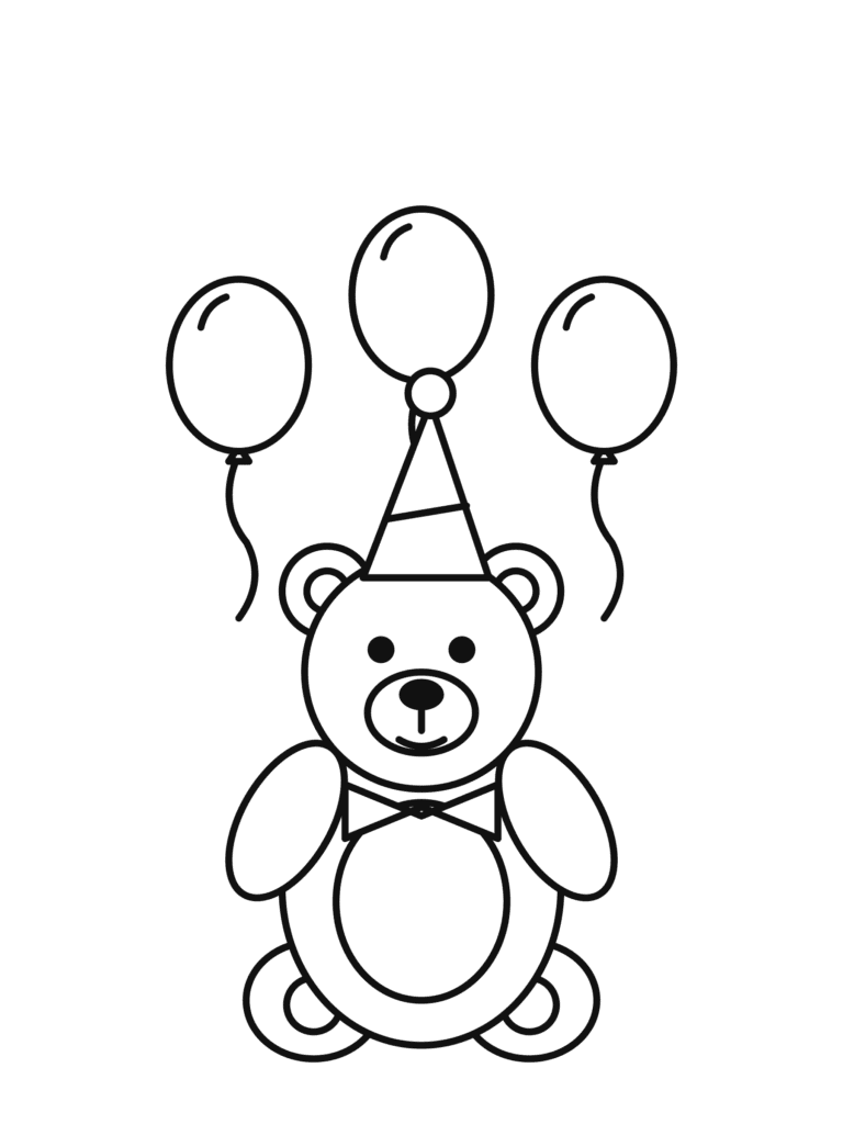 New Year Teddy Bear coloring page for kids: a teddy bear in a party hat holding balloons