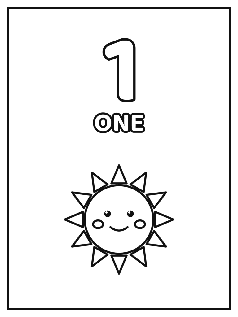 Number 1 coloring page for kids with a big number 1 and the word ONE with 1 sun to count and color
