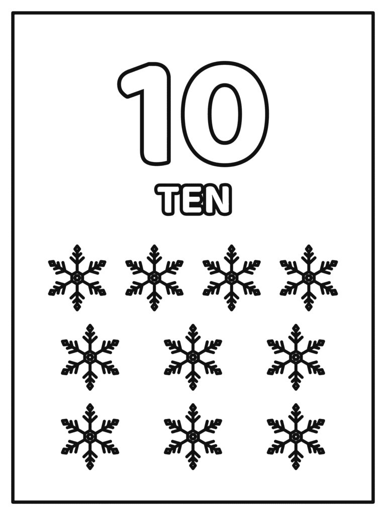 Number 10 coloring page for kids with a big number 10 and the word TEN with 10 snowflakes to count and color