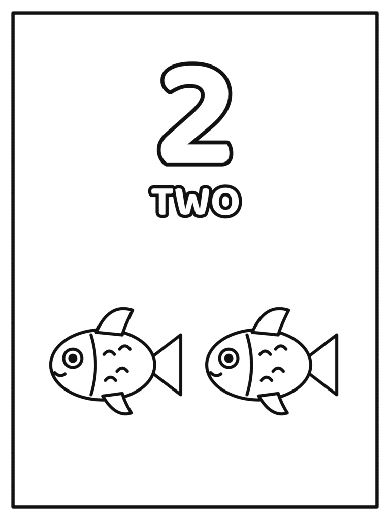 Number 2 coloring page for kids with a big number 2 and the word TWO with 2 fish to count and color