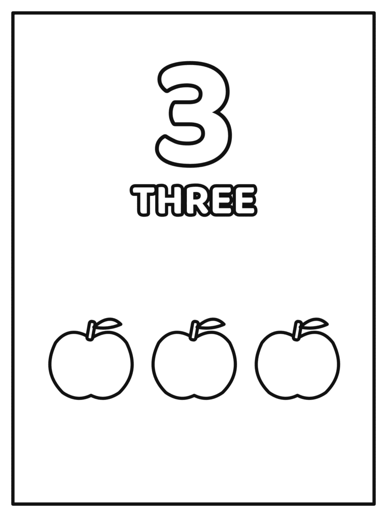 Number 3 coloring page for kids with a big number 3 and the word THREE with 3 apples to count and color