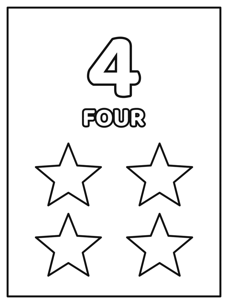 Number 4 coloring page for kids with a big number 4 and the word FOUR with 4 stars to count and color