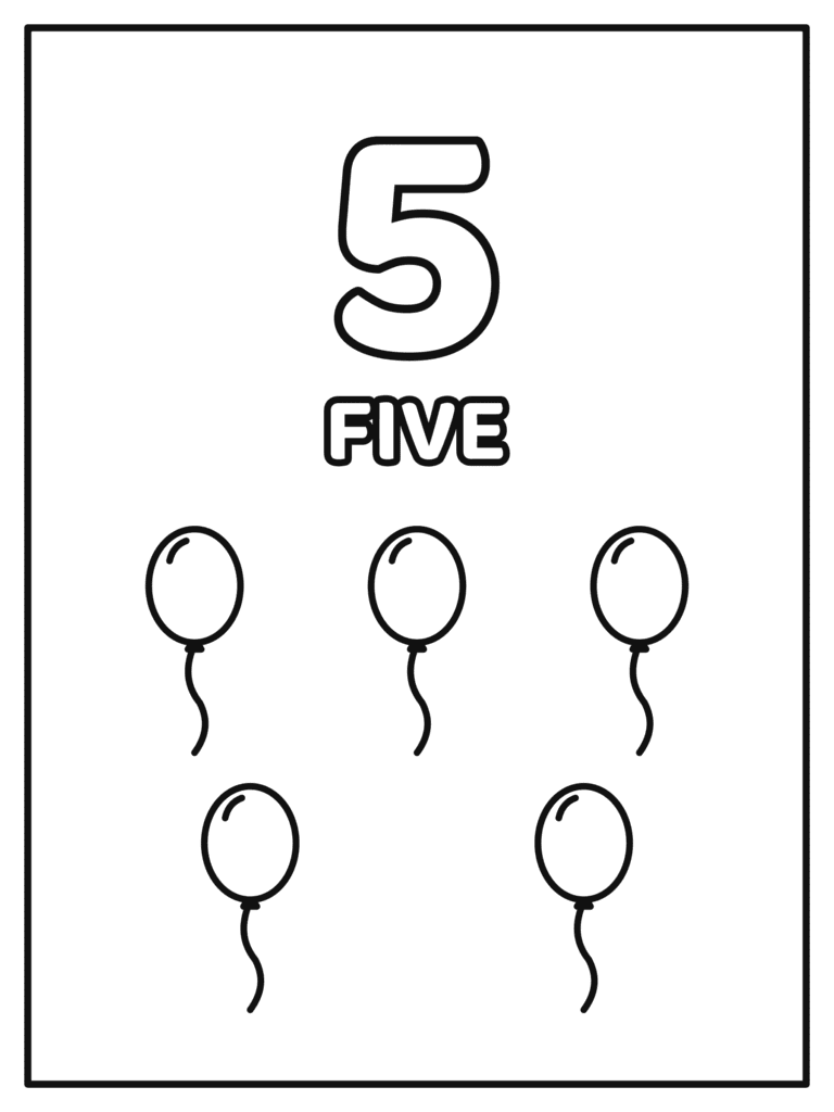 Number 5 coloring page for kids with a big number 5 and the word FIVE with 5 balloons to count and color