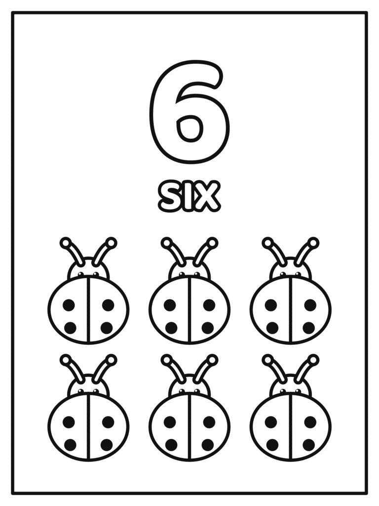 Number 6 coloring page for kids with a big number 6 and the word SIX with 6 ladybugs to count and color