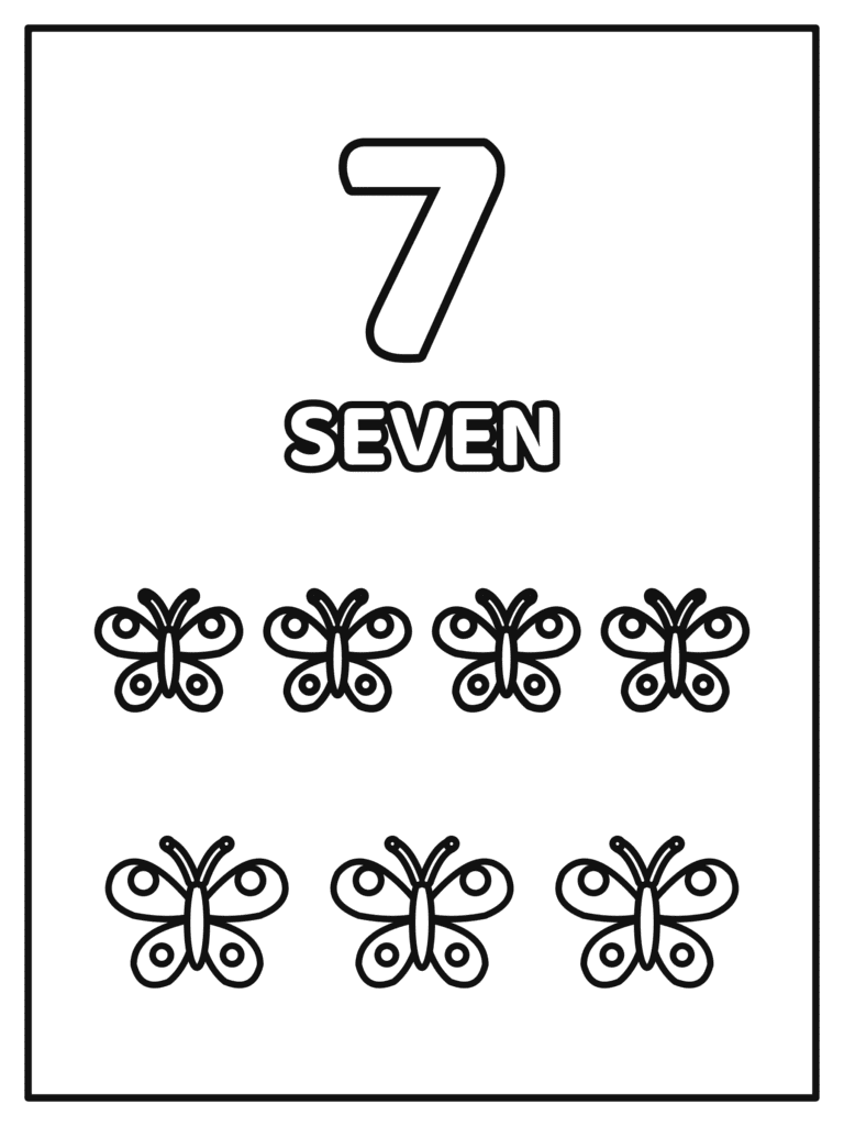 Number 7 coloring page for kids with a big number 7 and the word SEVEN with 7 butterflies to count and color