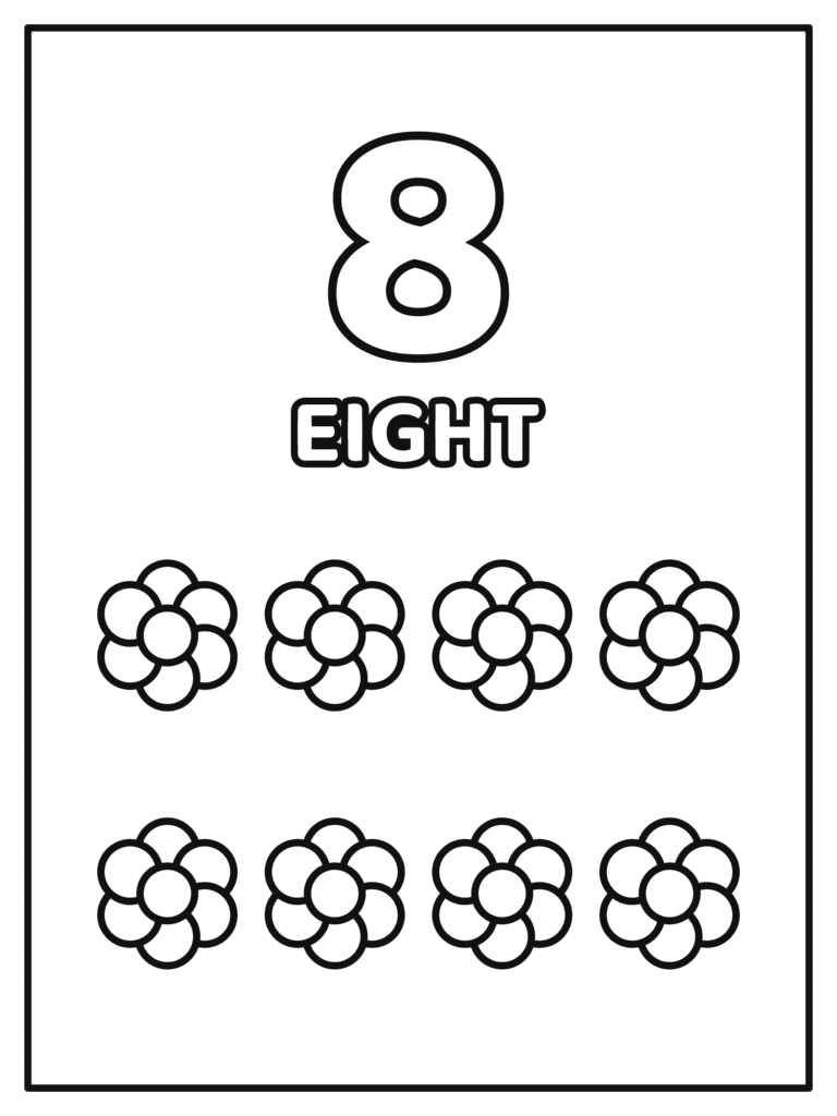 Number 8 coloring page for kids with a big number 8 and the word EIGHT with 8 flowers to count and color