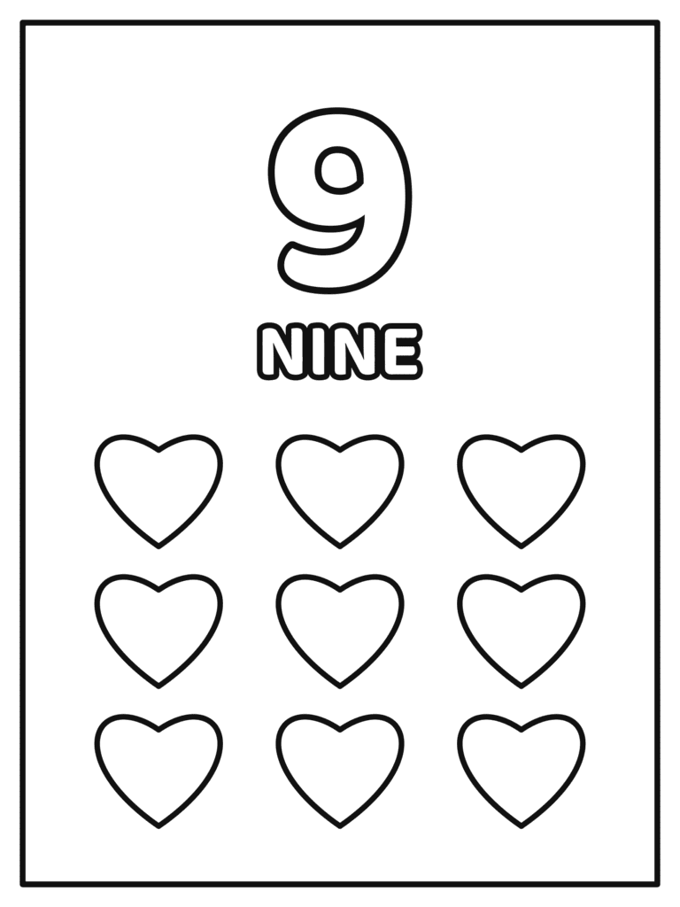 Number 9 coloring page for kids with a big number 9 and the word NINE with 9 hearts to count and color