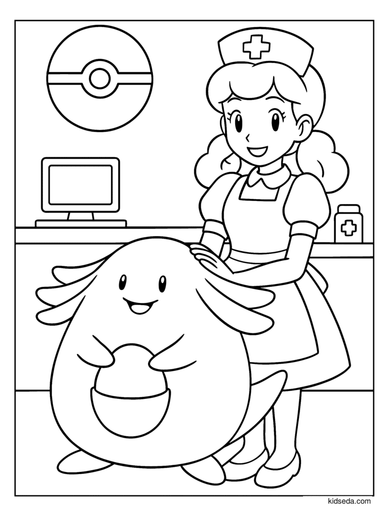 Nurse Joy and Chansey coloring page for kids: Nurse Joy and Chansey at the Pokémon Center desk