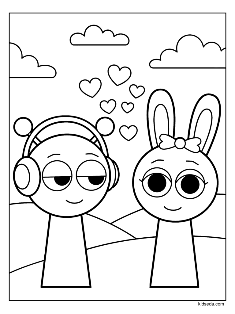 Oren and Pinki in Love coloring page for kids: Oren in headphones and Pinki with hearts all around