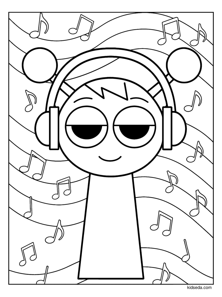 Oren with Music Notes coloring page for kids: Oren in headphones with music notes and waves around him