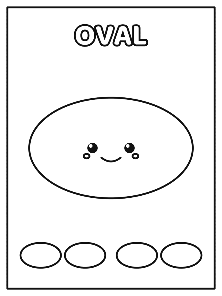 Oval Shape coloring page for kids: a big smiling oval and four little ovals to color while learning shapes