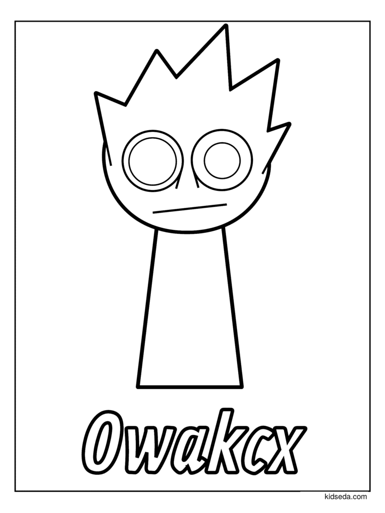 Owakcx the Sprunki coloring page for kids: Owakcx with spiky hair and big round eyes