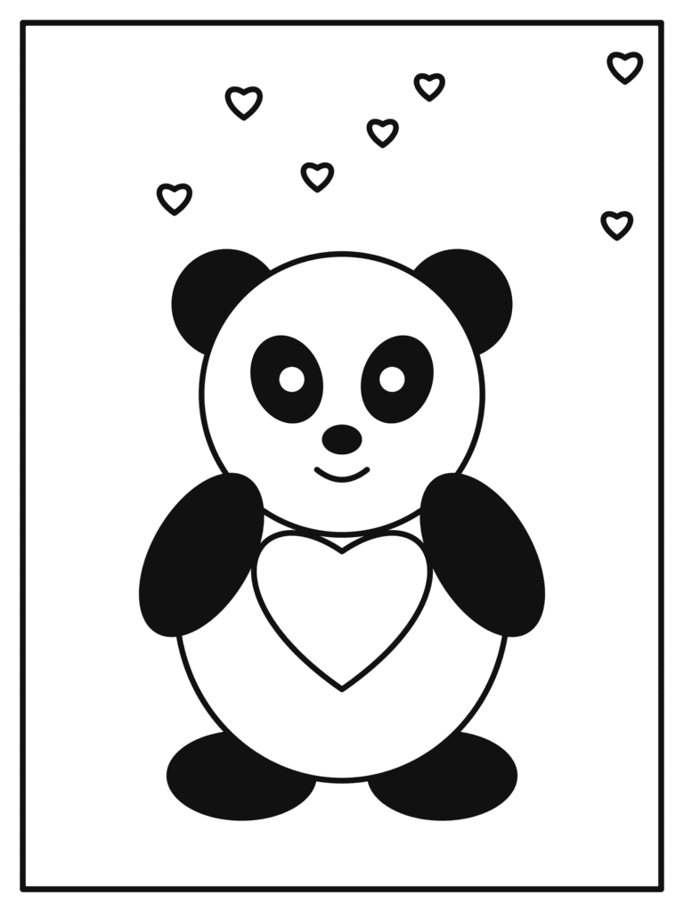 Panda with a Heart coloring page for kids: a cute panda hugging a big red heart