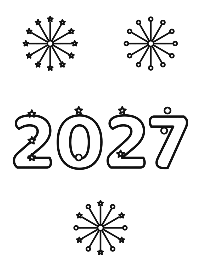 Patterned 2027 coloring page for kids: the numbers 2027 filled with stars and dots, with fireworks around them