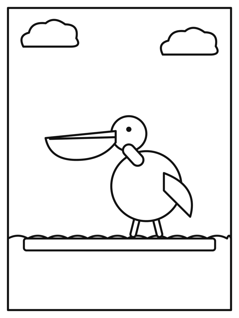 Pelican coloring page for kids: a pelican with a big pouch standing on the dock