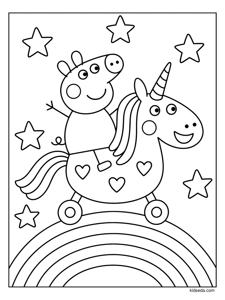 Pig Riding a Toy Unicorn coloring page for kids: a cheerful pig riding a toy unicorn on wheels above a rainbow