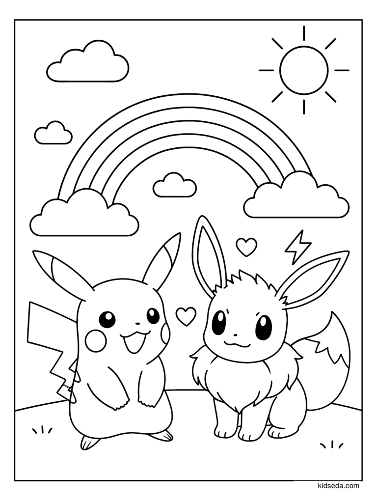 Pikachu and Eevee on a Hill coloring page for kids: Pikachu and Eevee relaxing on a sunny hill under a rainbow