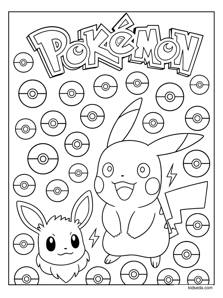 Pikachu and Eevee Poké Ball Pattern coloring page for kids: Pikachu and Eevee with the Pokémon logo and lots of Poké Balls