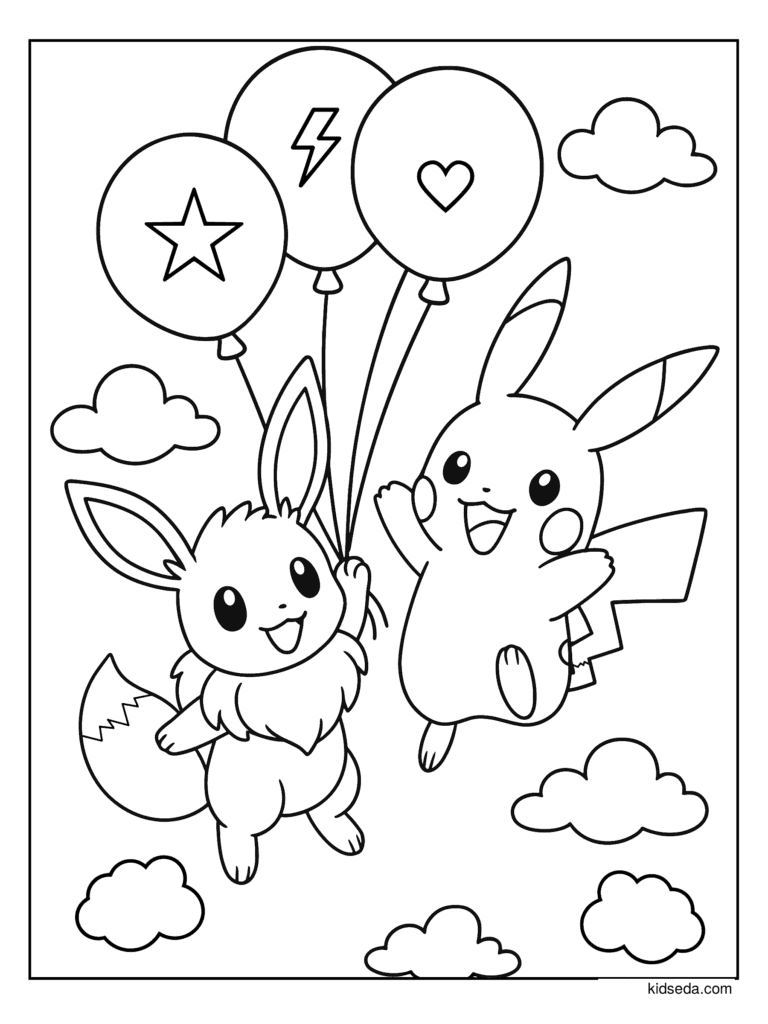 Pikachu and Eevee with Balloons coloring page for kids: Pikachu and Eevee floating through the sky with balloons