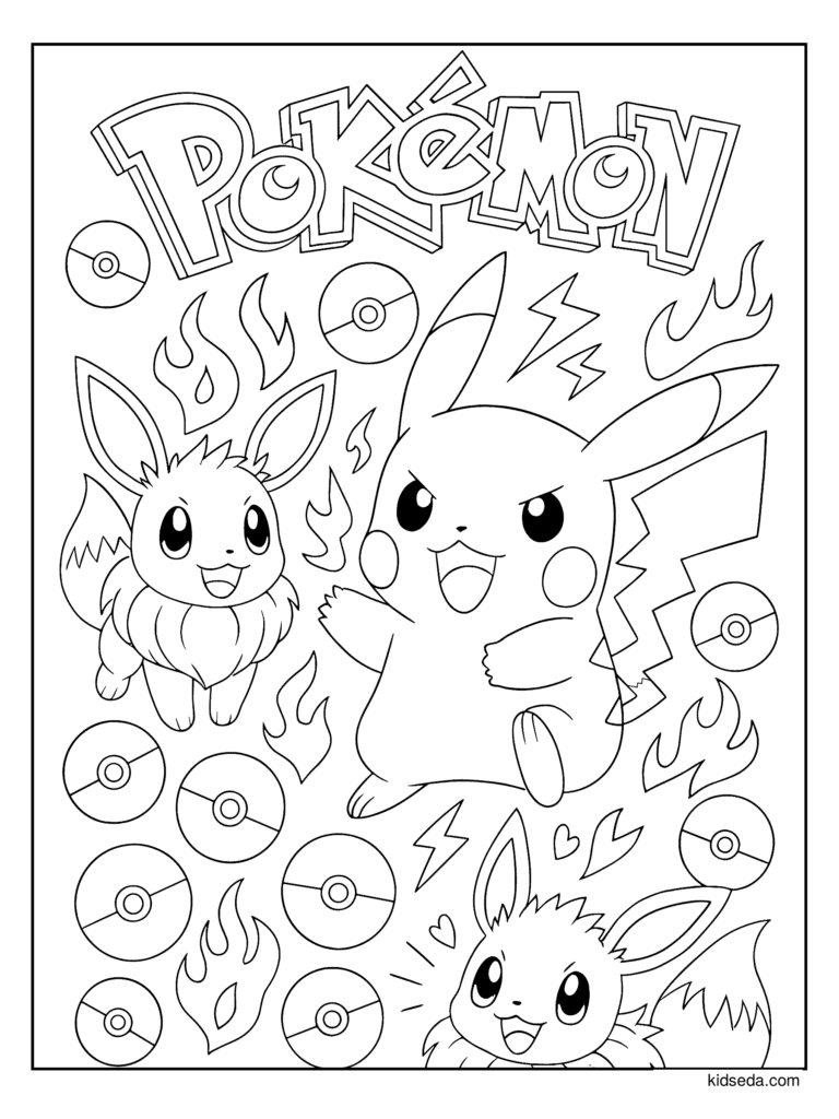 Pikachu and Eevee with Poké Balls coloring page for kids: Pikachu and Eevee with flames, Poké Balls and lightning bolts