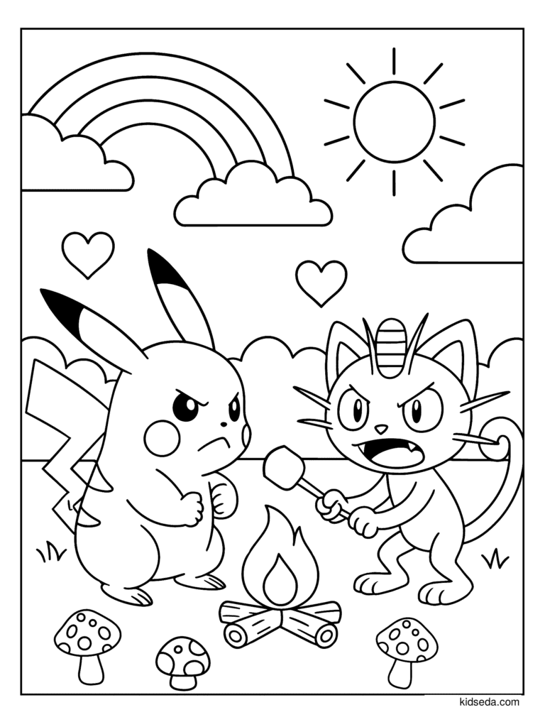 Pikachu and Meowth Campfire coloring page for kids: Pikachu and Meowth arguing over a marshmallow at the campfire