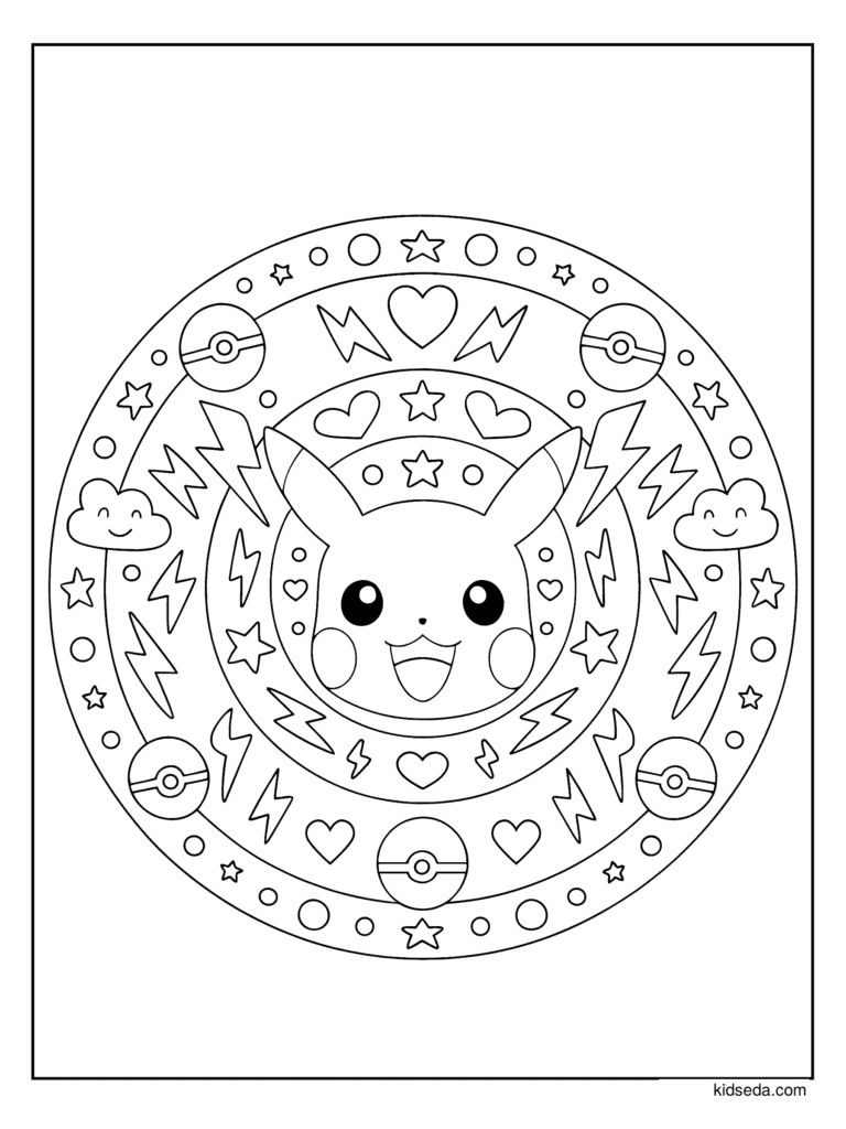 Pikachu Circle Mandala coloring page for kids: Pikachu inside a round mandala of lightning bolts, rings and hearts