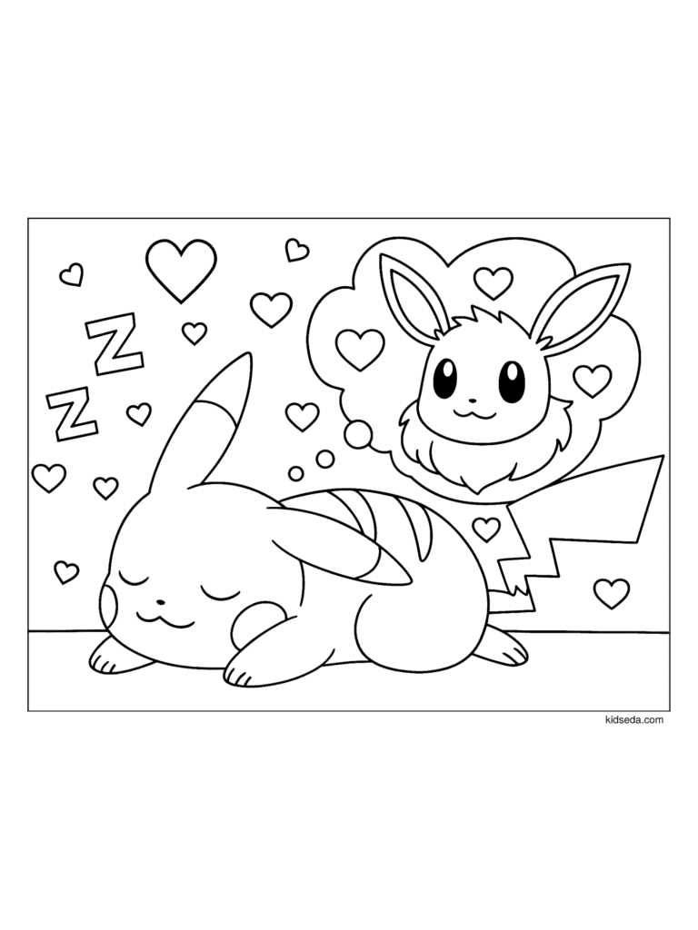 Pikachu Dreaming of Eevee coloring page for kids: Pikachu sleeping and dreaming about Eevee
